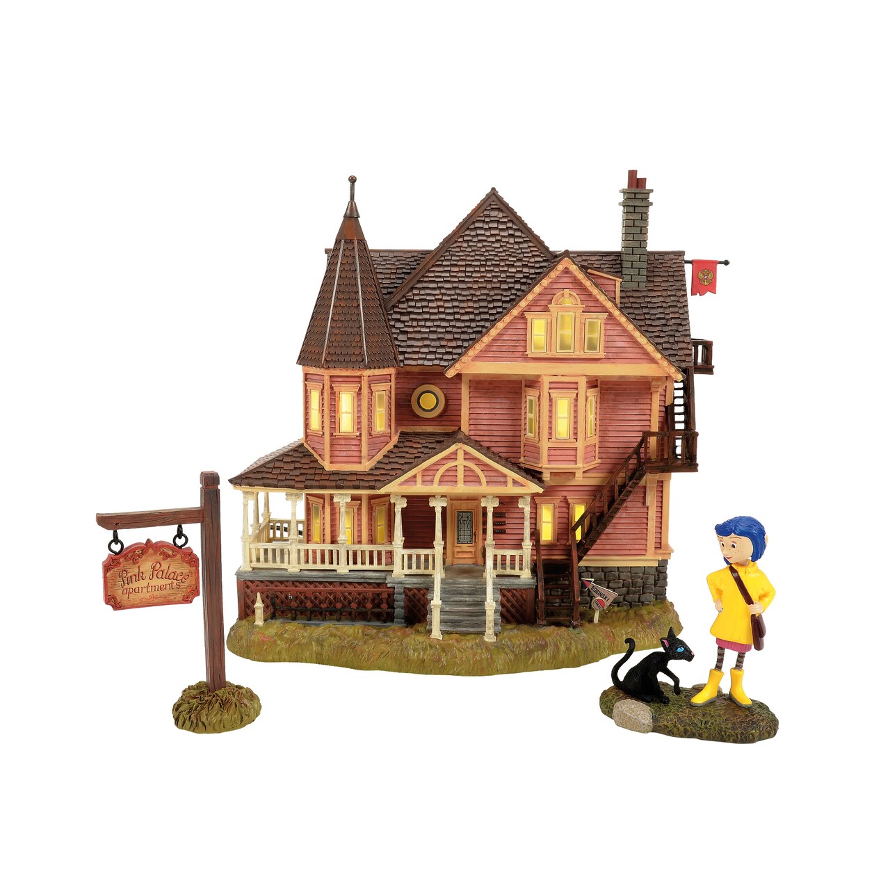 Department 56 Fright Village Coraline Lit Building Figurine and Accessory Set, 3 Pieces 8.8in H